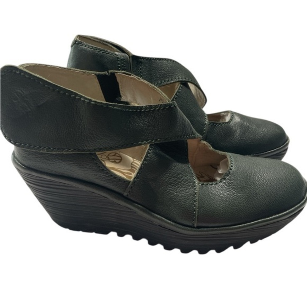 Fly London Dark Green Leather Wedge Sandals